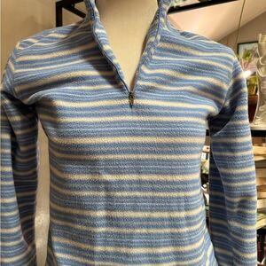 Patagonia Blue and Cream Striped Capilene Quarter-Zip Fleece Base Layer